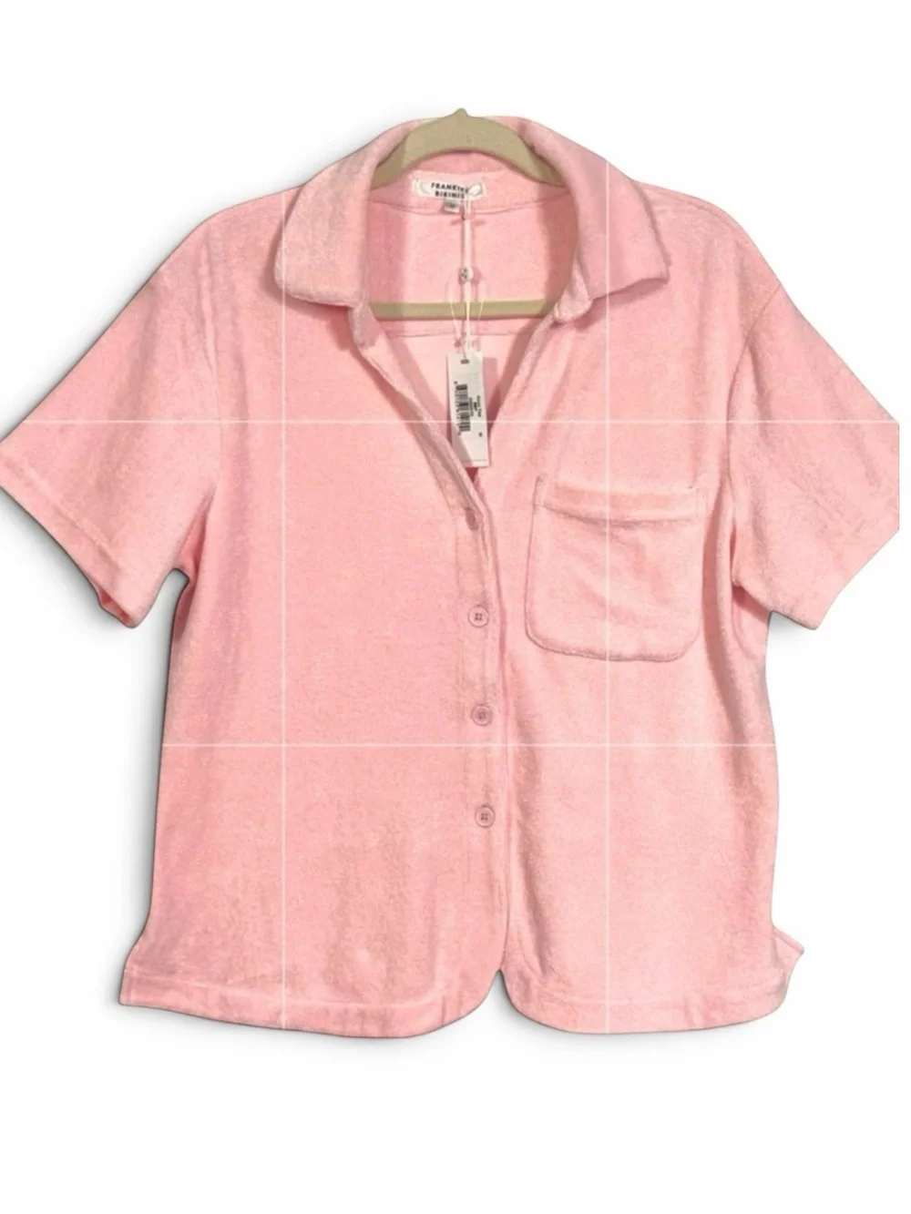 Frankies Bikinis Coco Terry Cloth Short Sleeve Swim Cover Shirt Pink M NWT
